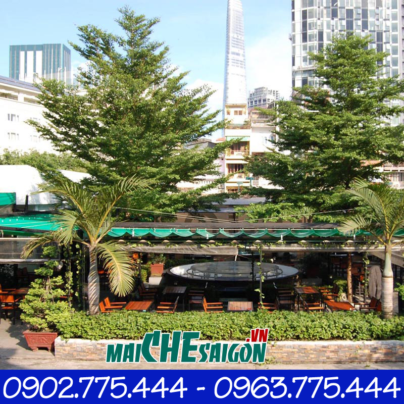 Thiết kế mái xếp quán cafe sân vườn